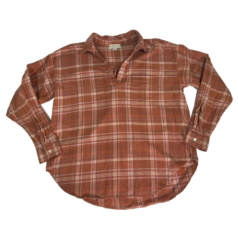 LOFT Shirt Size Small Womens Orange Plaid Flannel Popover Top Blouse V Neck